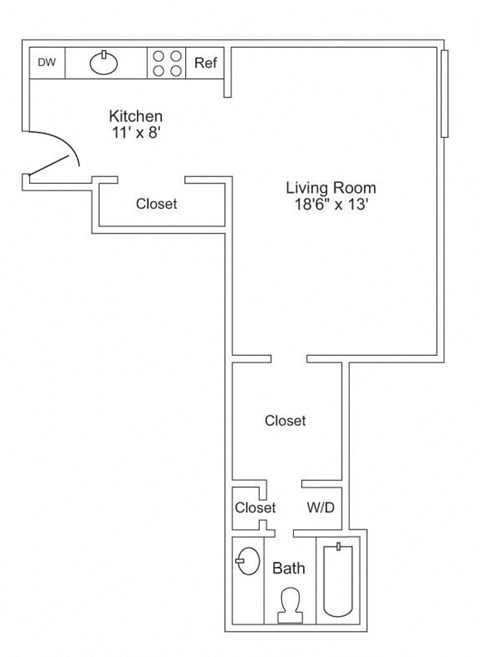 Floor plan for studio, 1 bath, 497 sqft
